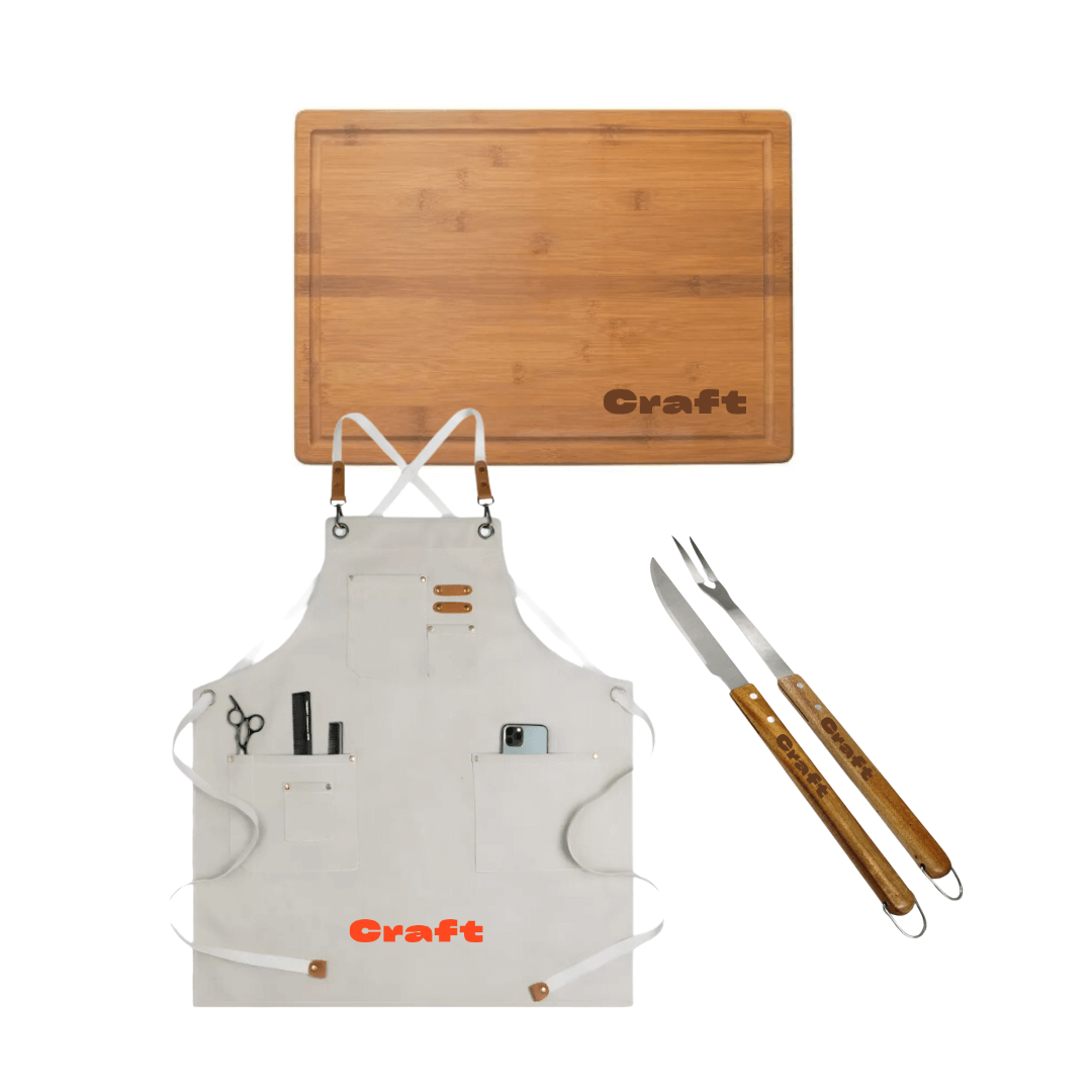 Kit asado 2.0 Tabla + Cuchillo y tenedor + Delantal para asado